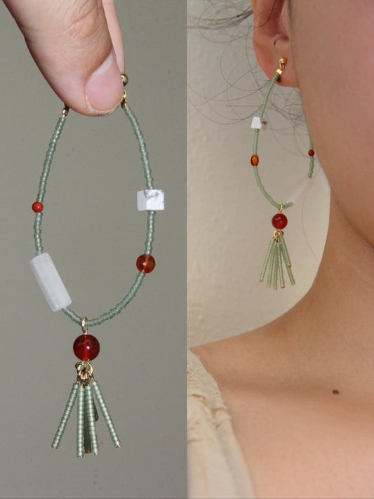 Chinoiserie Red Green Jade Beaded Hoop Earrings