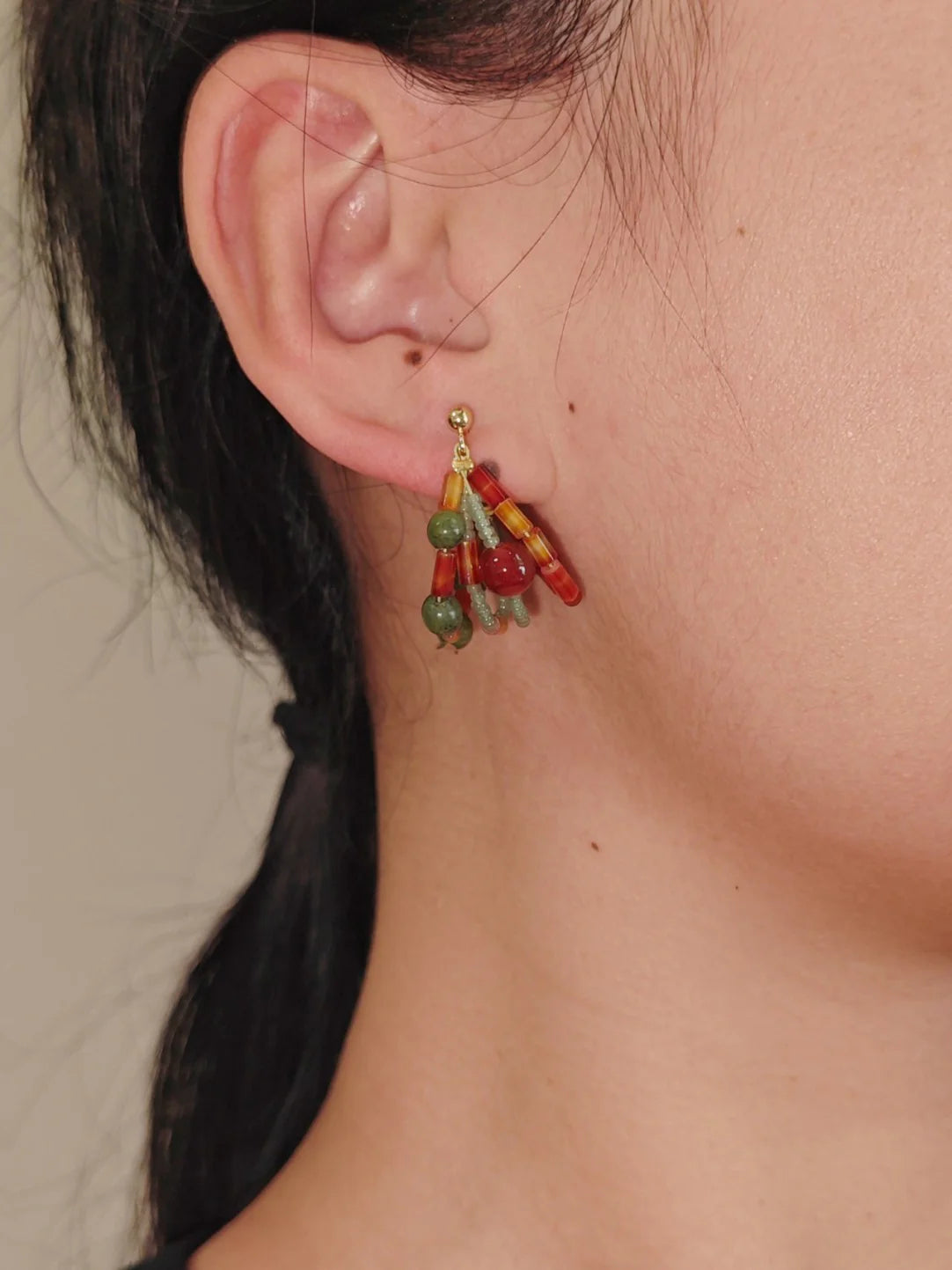 Chinoiserie Red Green Jade Beaded Hoop Earrings