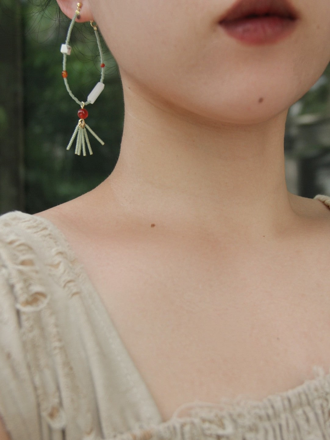 Chinoiserie Red Green Jade Beaded Hoop Earrings