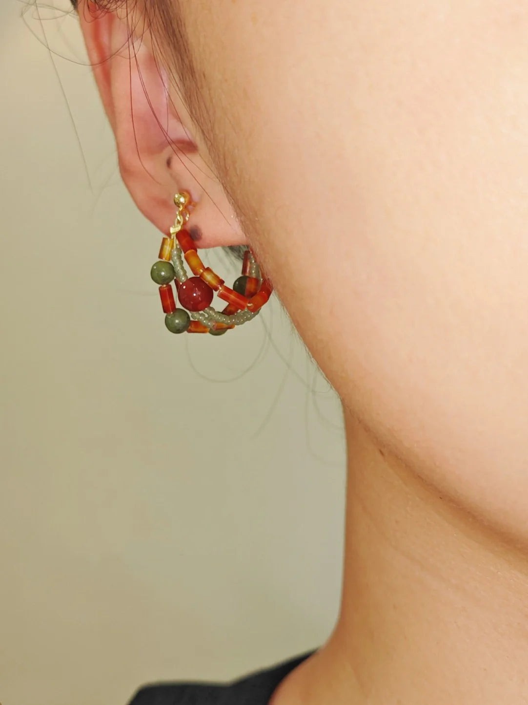 Chinoiserie Red Green Jade Beaded Hoop Earrings
