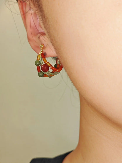 Chinoiserie Red Green Jade Beaded Hoop Earrings