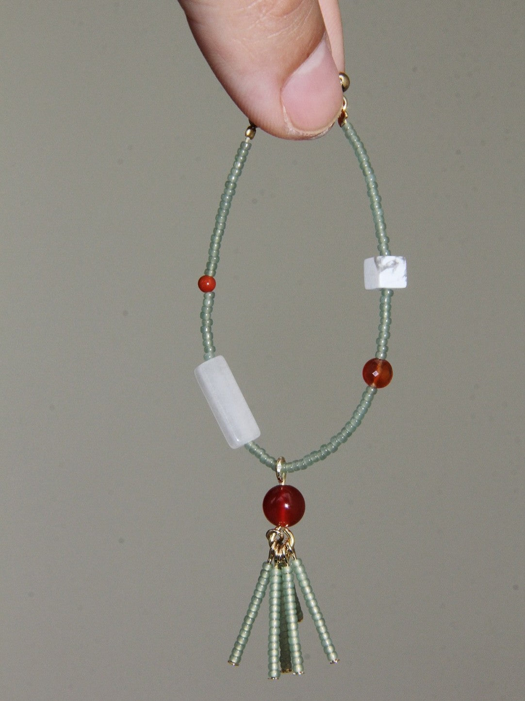 Chinoiserie Red Green Jade Beaded Hoop Earrings