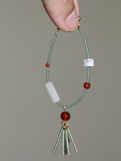 Chinoiserie Red Green Jade Beaded Hoop Earrings
