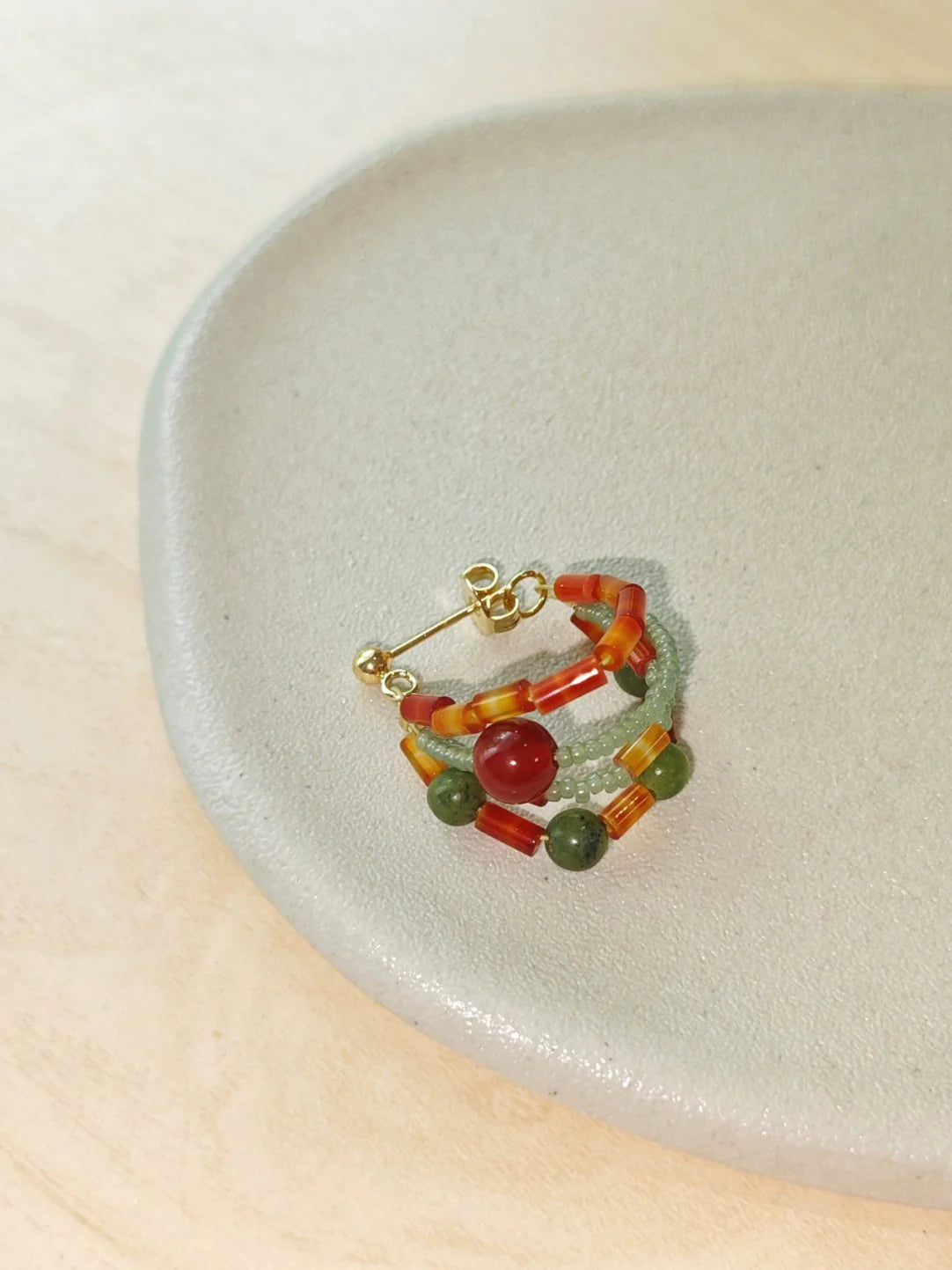 Chinoiserie Red Green Jade Beaded Hoop Earrings,Lumivault.