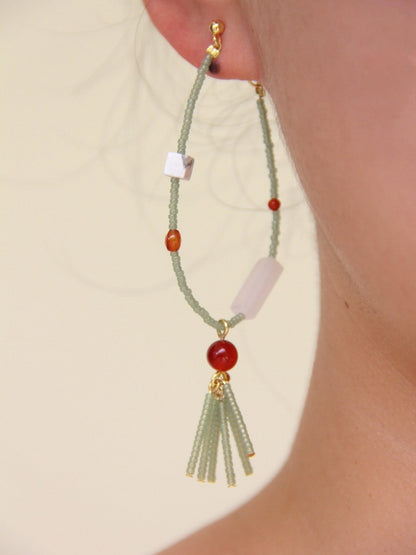 Chinoiserie Red Green Jade Beaded Hoop Earrings