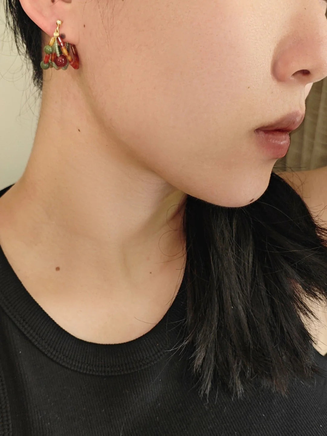 Chinoiserie Red Green Jade Beaded Hoop Earrings,Lumivault.