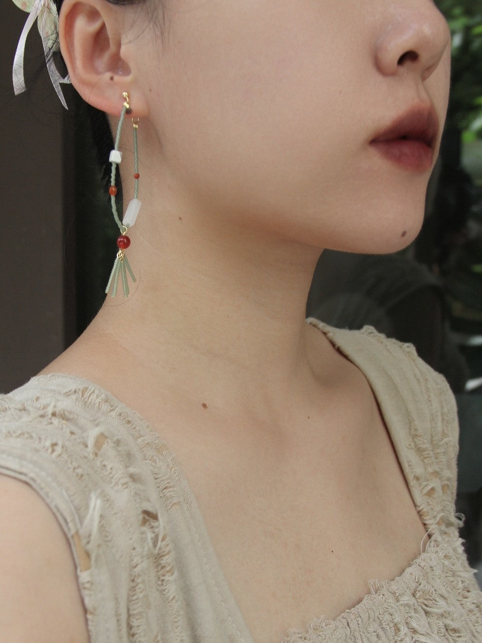 Chinoiserie Red Green Jade Beaded Hoop Earrings,Lumivault.