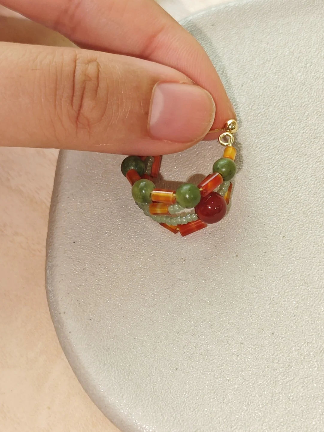 Chinoiserie Red Green Jade Beaded Hoop Earrings,Lumivault.