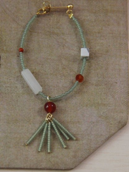 Chinoiserie Red Green Jade Beaded Hoop Earrings