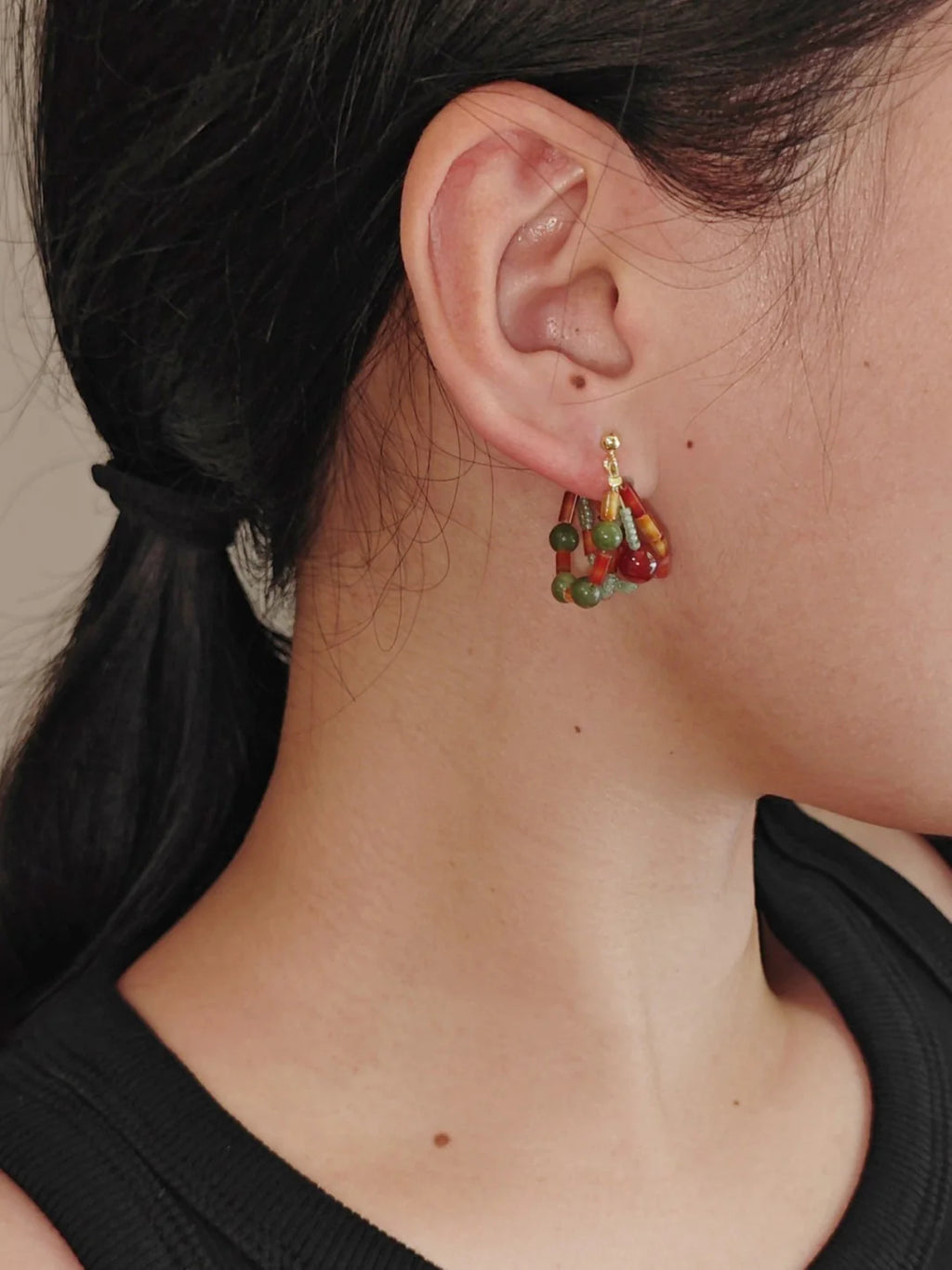 Chinoiserie Red Green Jade Beaded Hoop Earrings,Lumivault.