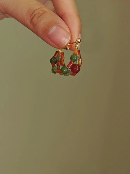 Chinoiserie Red Green Jade Beaded Hoop Earrings