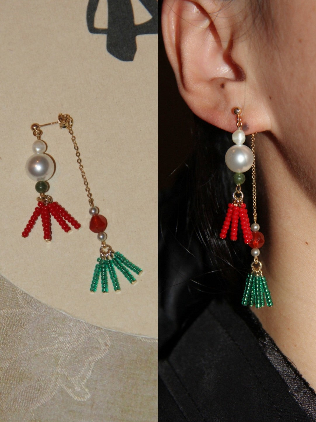Chinoiserie Red Green Tassel Beaded Drop Pearl Earrings