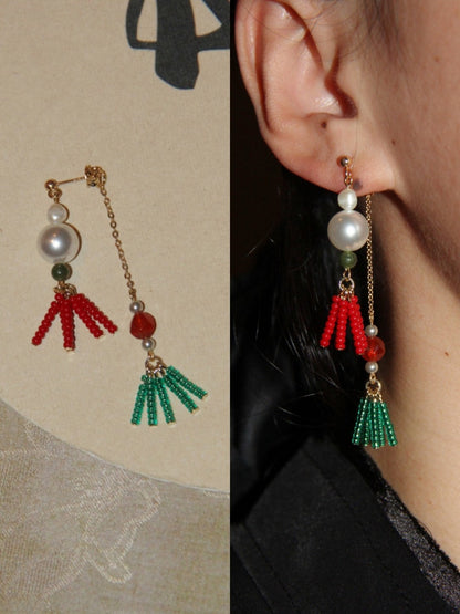 Chinoiserie Red Green Tassel Beaded Drop Pearl Earrings
