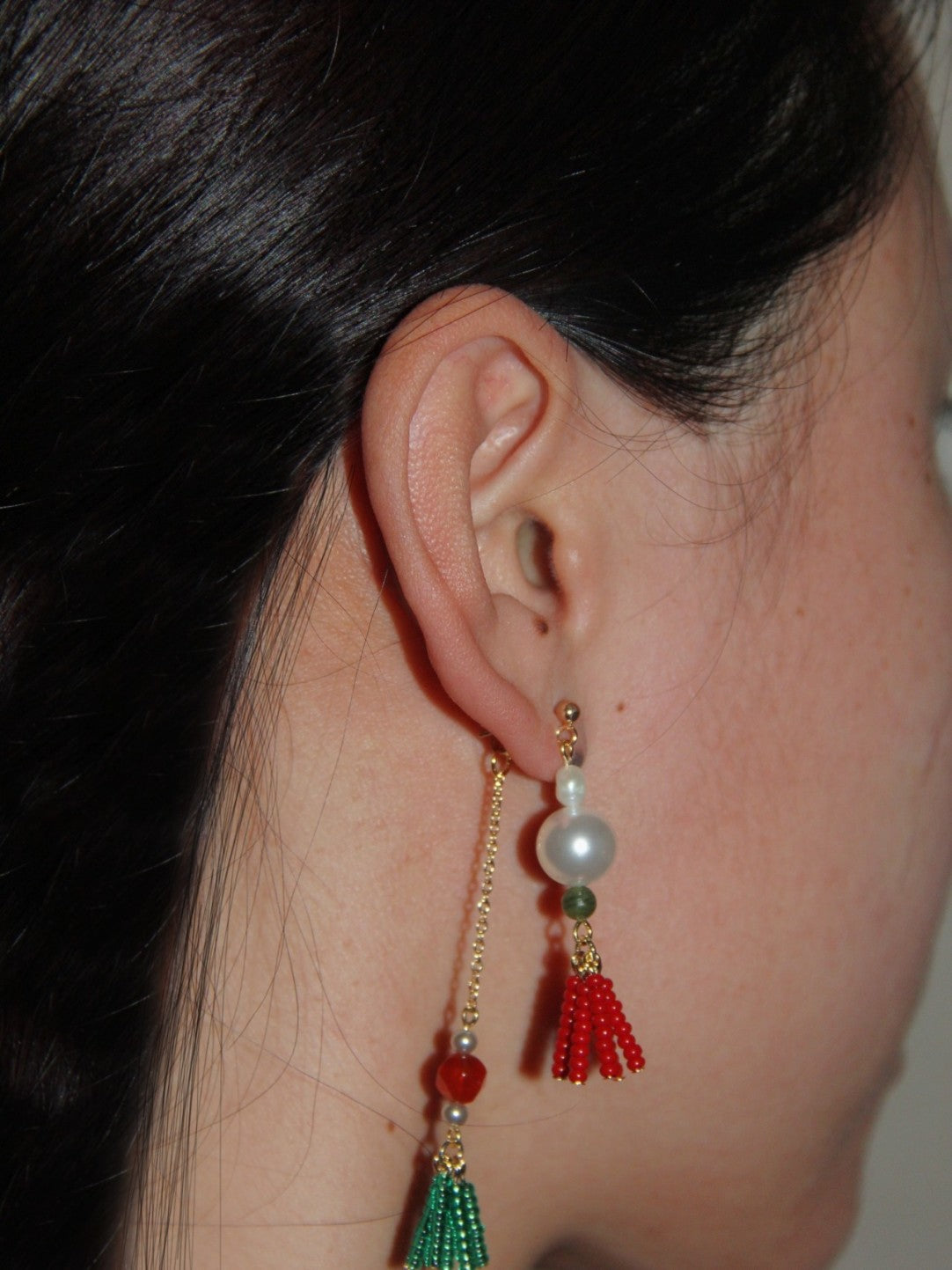 Chinoiserie Red Green Tassel Beaded Drop Pearl Earrings