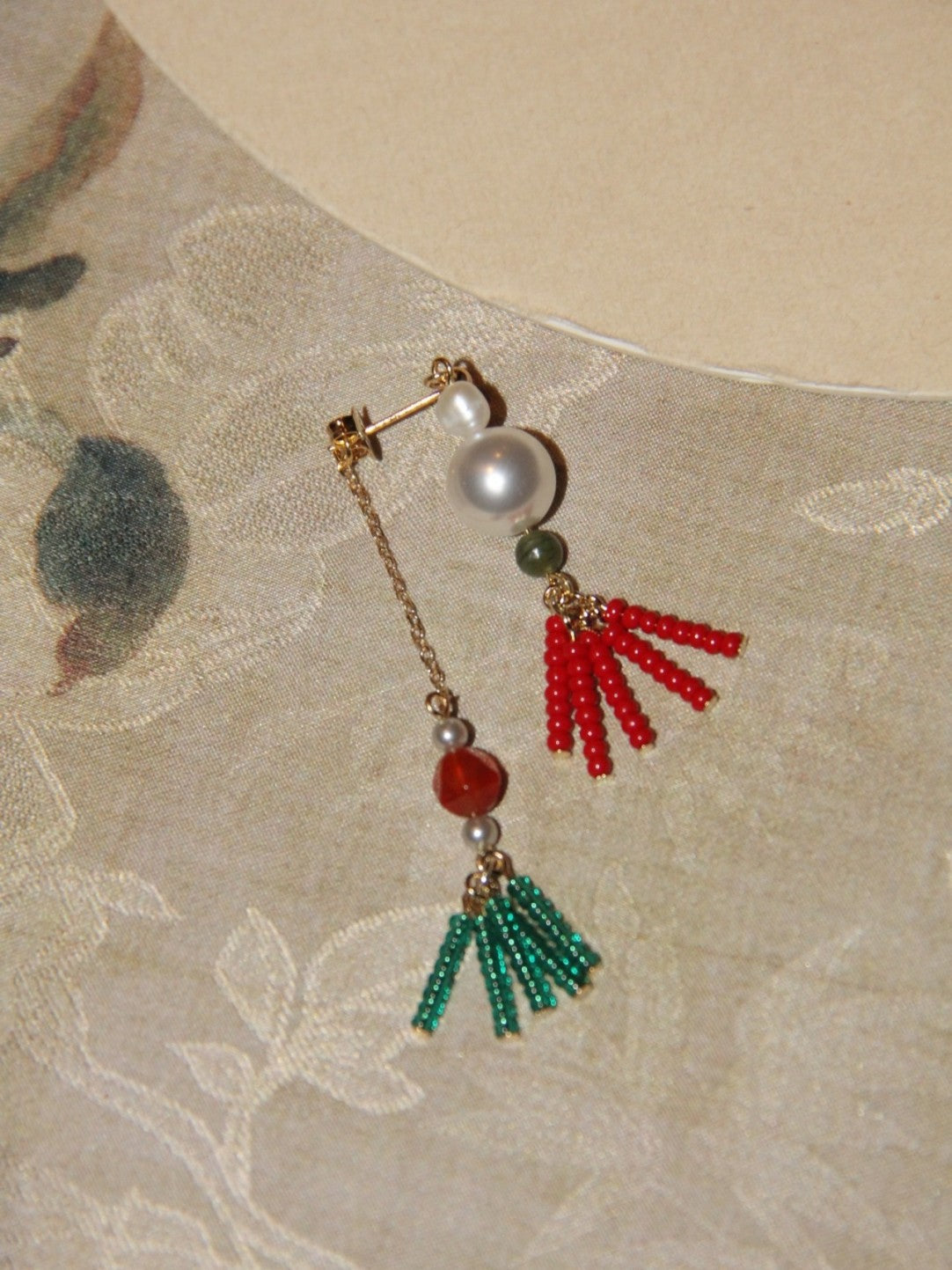 Chinoiserie Red Green Tassel Beaded Drop Pearl Earrings