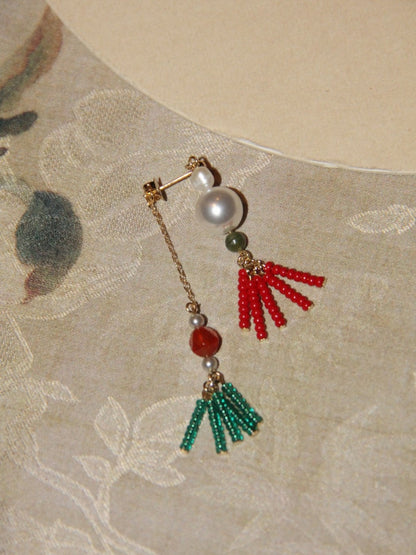 Chinoiserie Red Green Tassel Beaded Drop Pearl Earrings