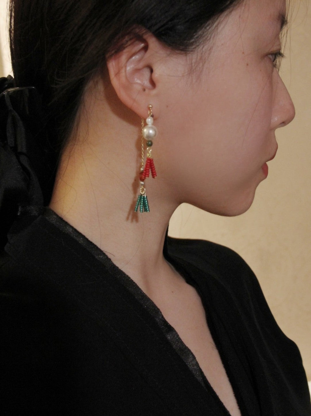 Chinoiserie Red Green Tassel Beaded Drop Pearl Earrings,Lumivault.