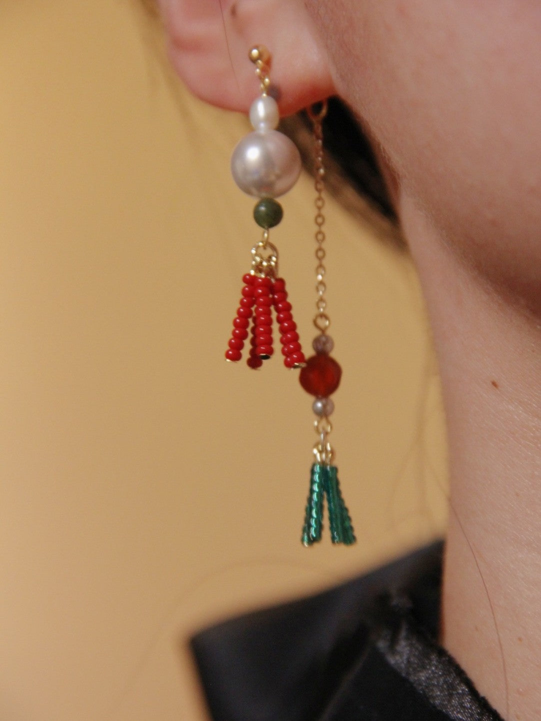 Chinoiserie Red Green Tassel Beaded Drop Pearl Earrings