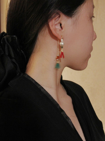 Chinoiserie Red Green Tassel Beaded Drop Pearl Earrings