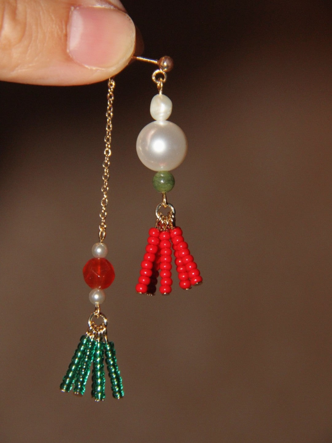 Chinoiserie Red Green Tassel Beaded Drop Pearl Earrings