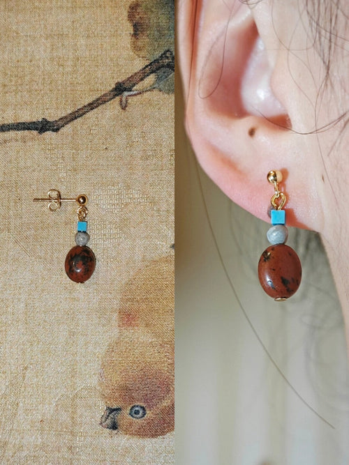 Chinoiserie Rustic Red Turquoise Drop Earrings,Lumivault.