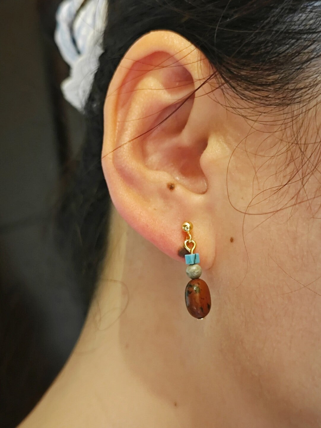 Chinoiserie Rustic Red Turquoise Drop Earrings,Lumivault.