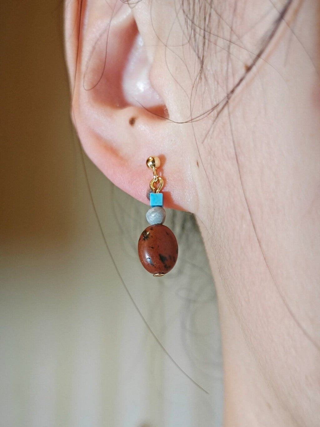 Chinoiserie Rustic Red Turquoise Drop Earrings,Lumivault.