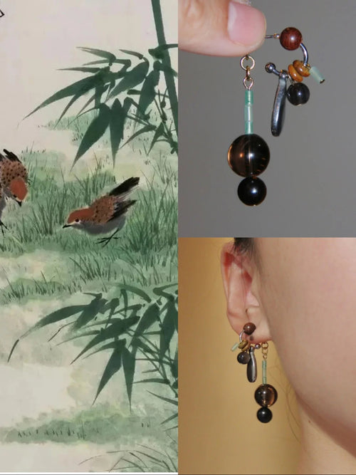 Chinoiserie Sandalwood Beaded Brown Drop Earrings,Lumivault.