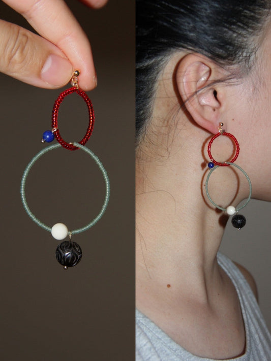 Chinoiserie Sandalwood Beaded Hoop Earrings