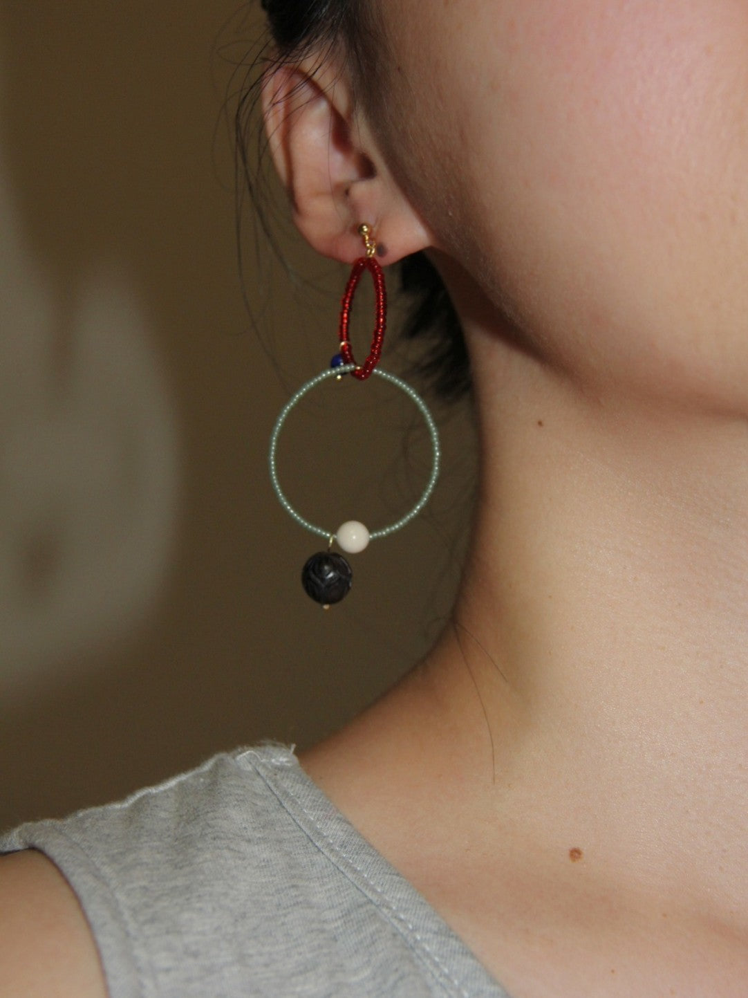 Chinoiserie Sandalwood Beaded Hoop Earrings