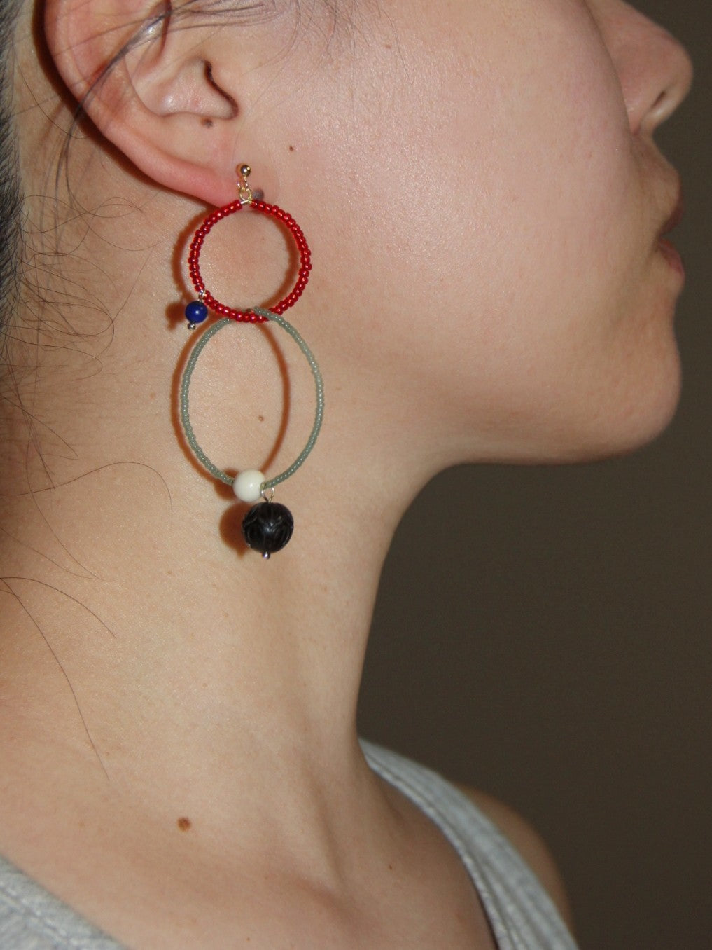 Chinoiserie Sandalwood Beaded Hoop Earrings