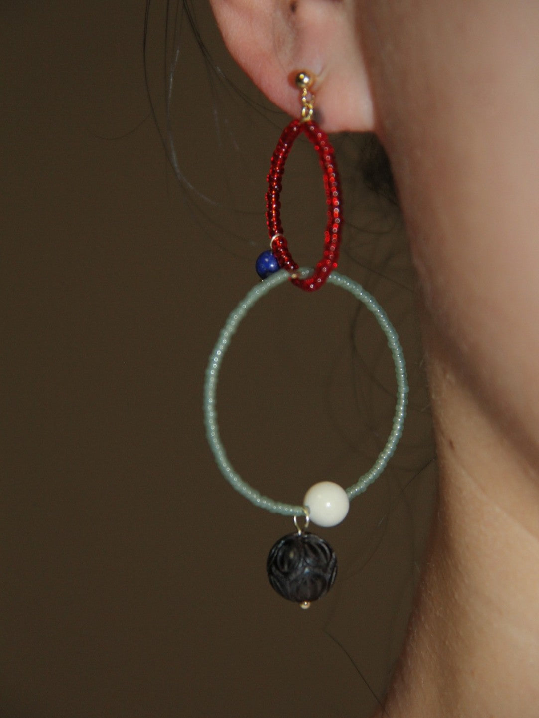 Chinoiserie Sandalwood Beaded Hoop Earrings
