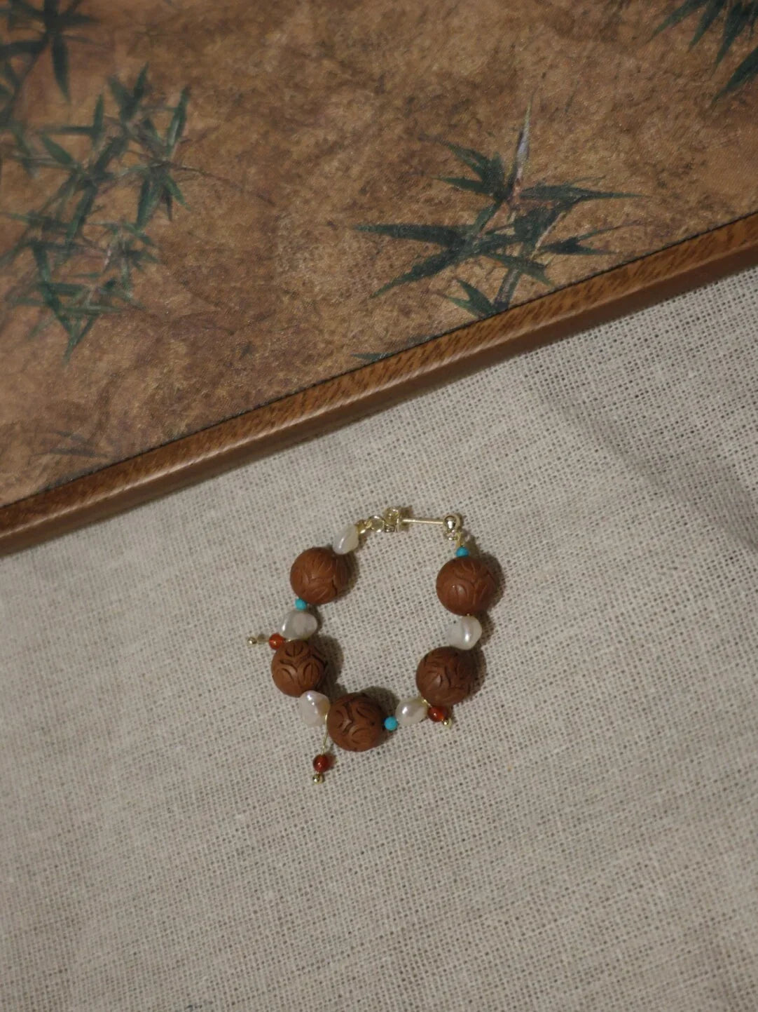 「Chinoiserie」Sandalwood Pearl Beaded Earrings,Lumivault.