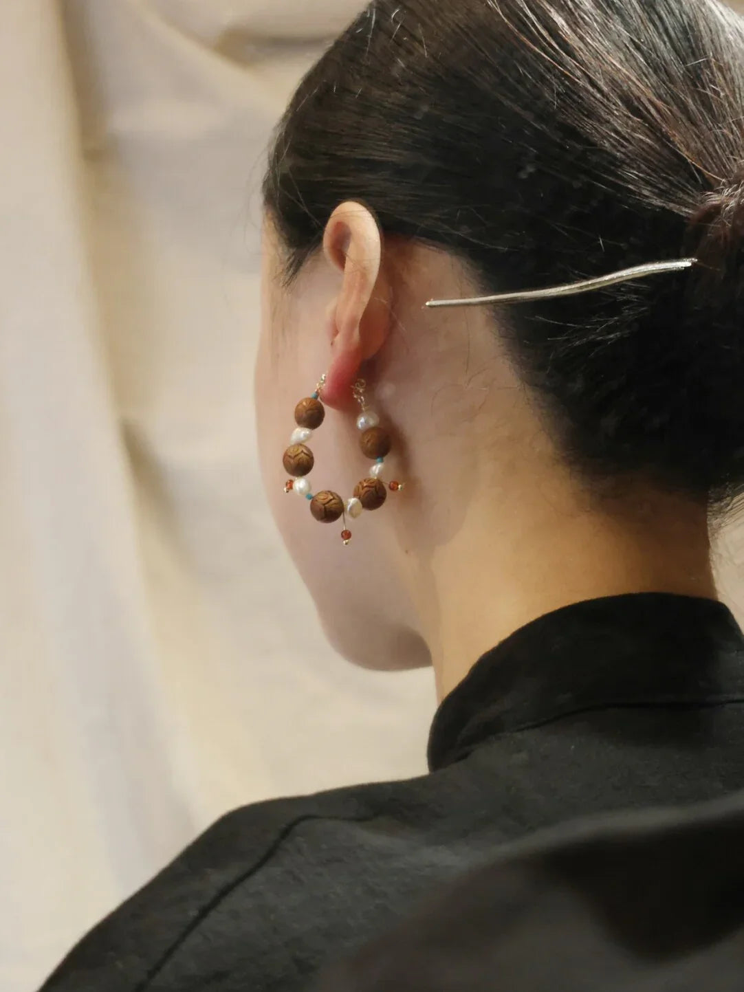 「Chinoiserie」Sandalwood Pearl Beaded Earrings,Lumivault.