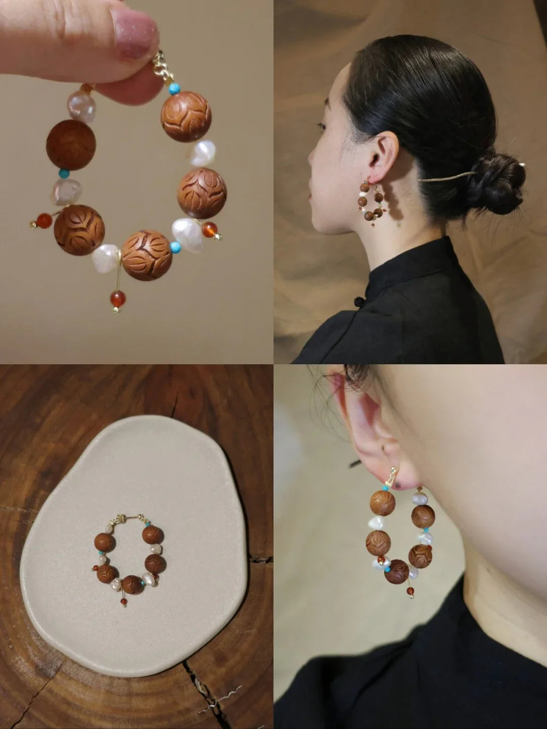 「Chinoiserie」Sandalwood Pearl Beaded Earrings,Lumivault.