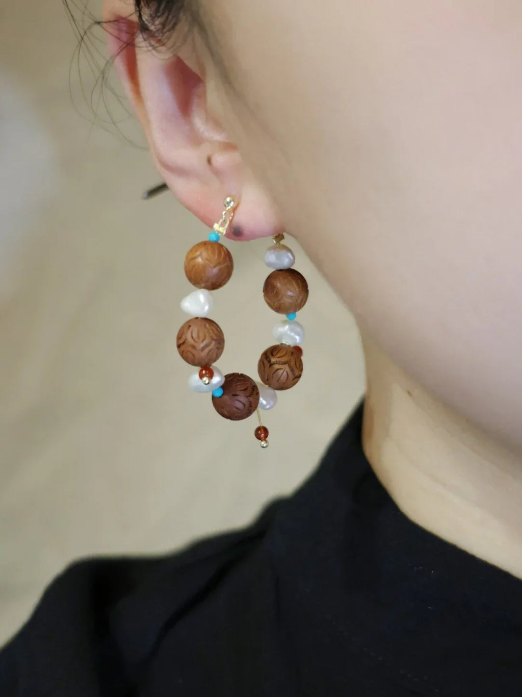 「Chinoiserie」Sandalwood Pearl Beaded Earrings,Lumivault.