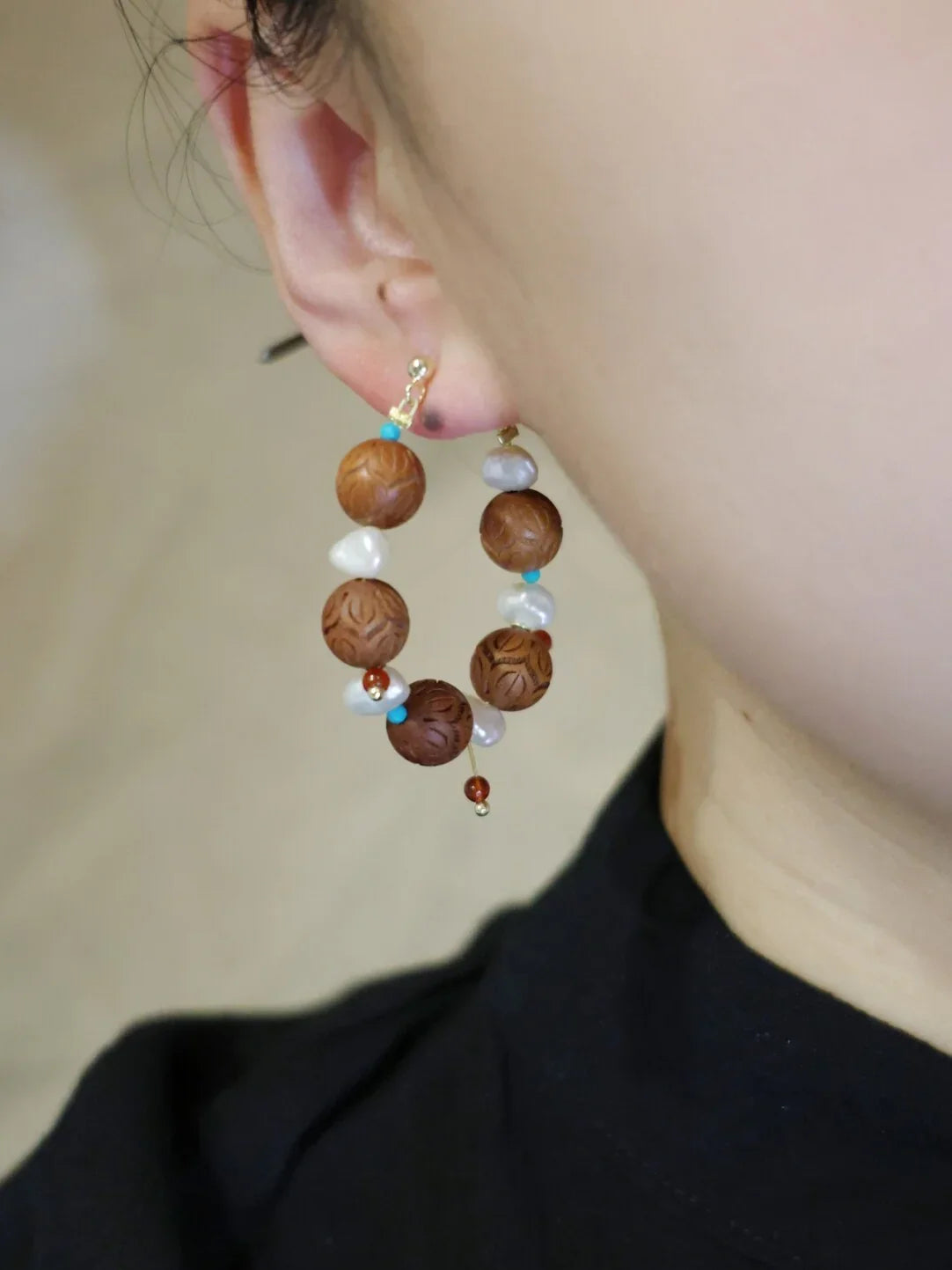 「Chinoiserie」Sandalwood Pearl Beaded Earrings,Lumivault.