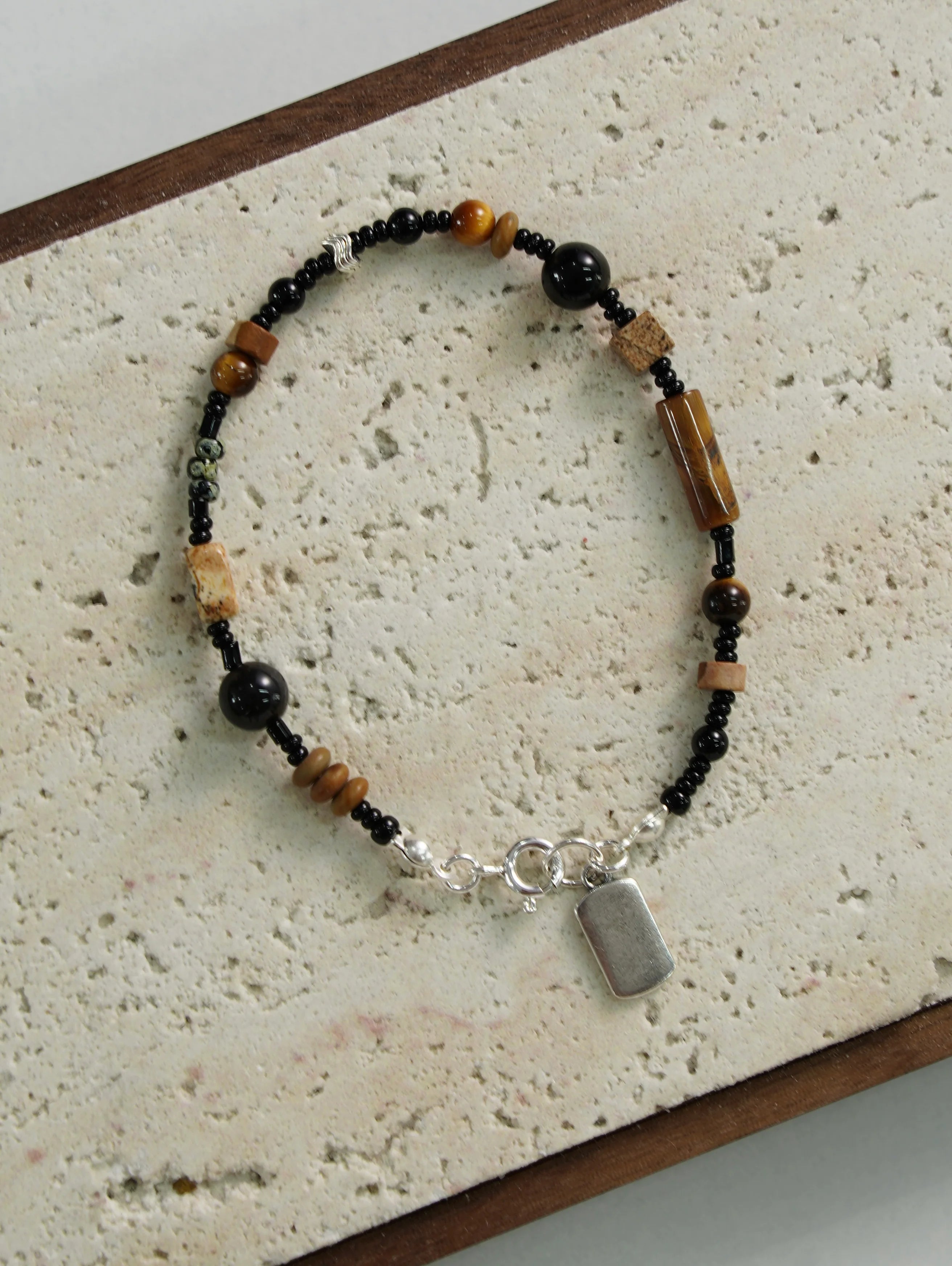 Chinoiserie Silver Safe And Sound Pendant Beaded Bracelet,Lumivault.