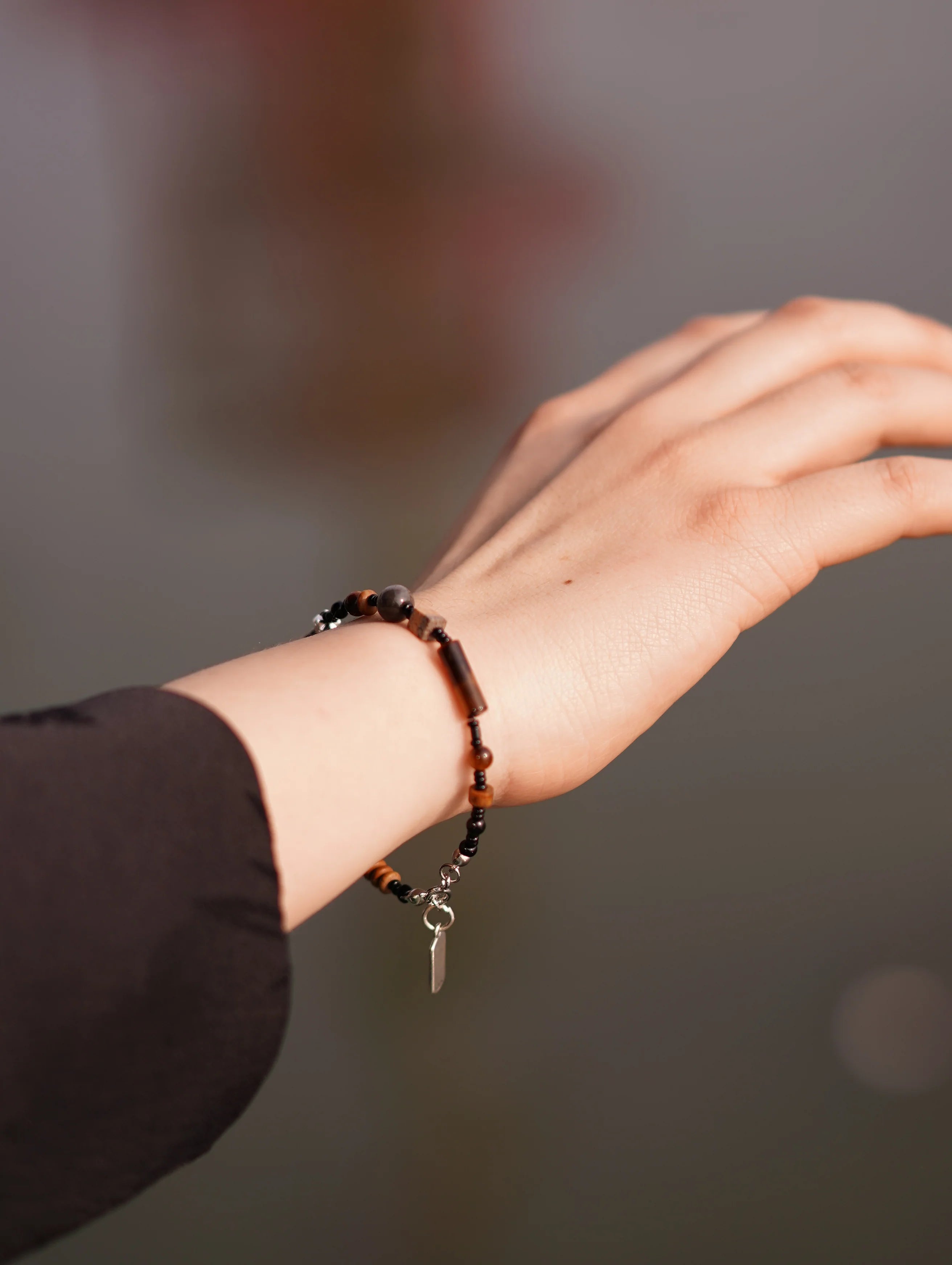 Chinoiserie Silver Safe And Sound Pendant Beaded Bracelet,Lumivault.