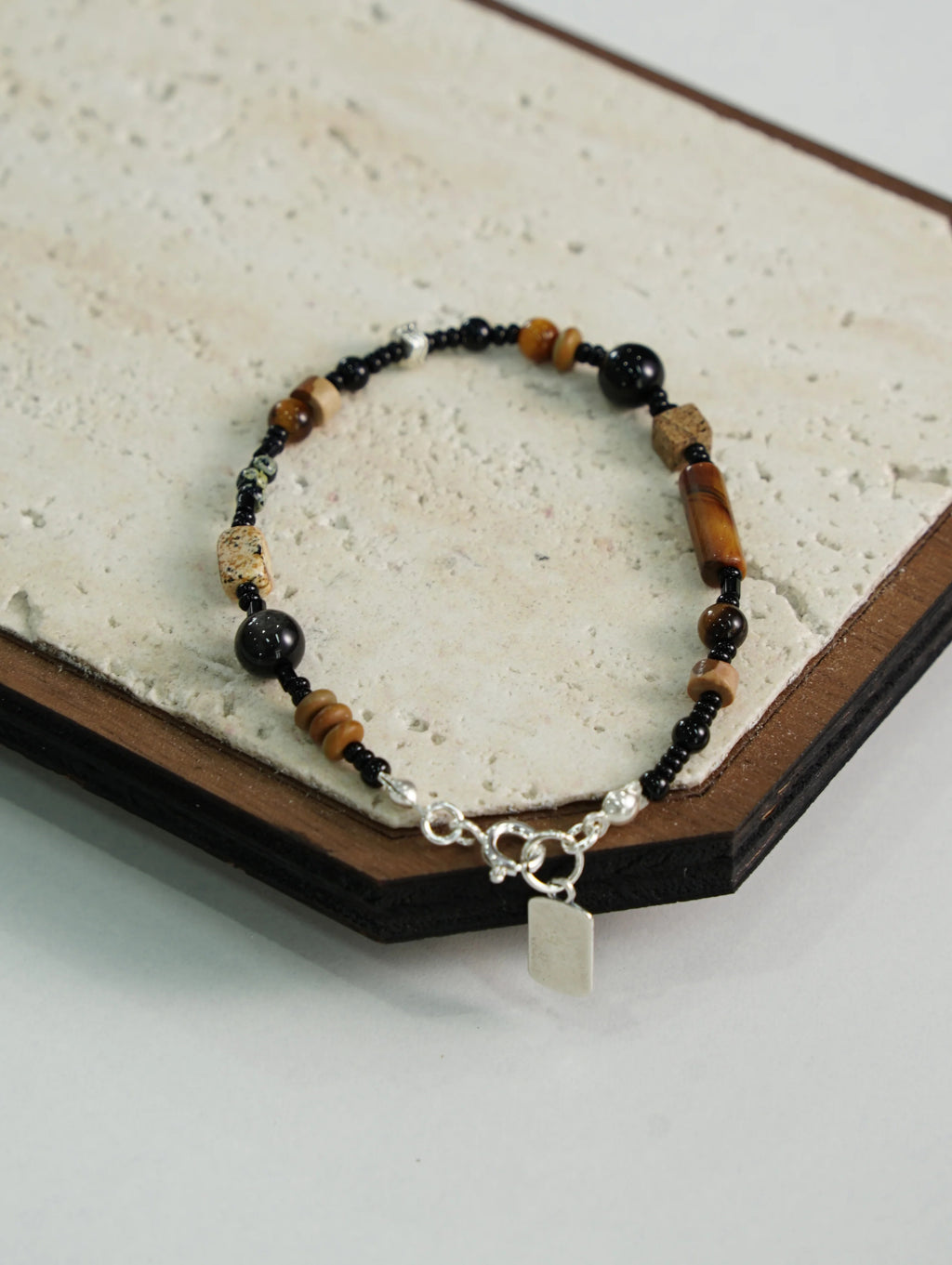 Chinoiserie Silver Safe And Sound Pendant Beaded Bracelet,Lumivault.
