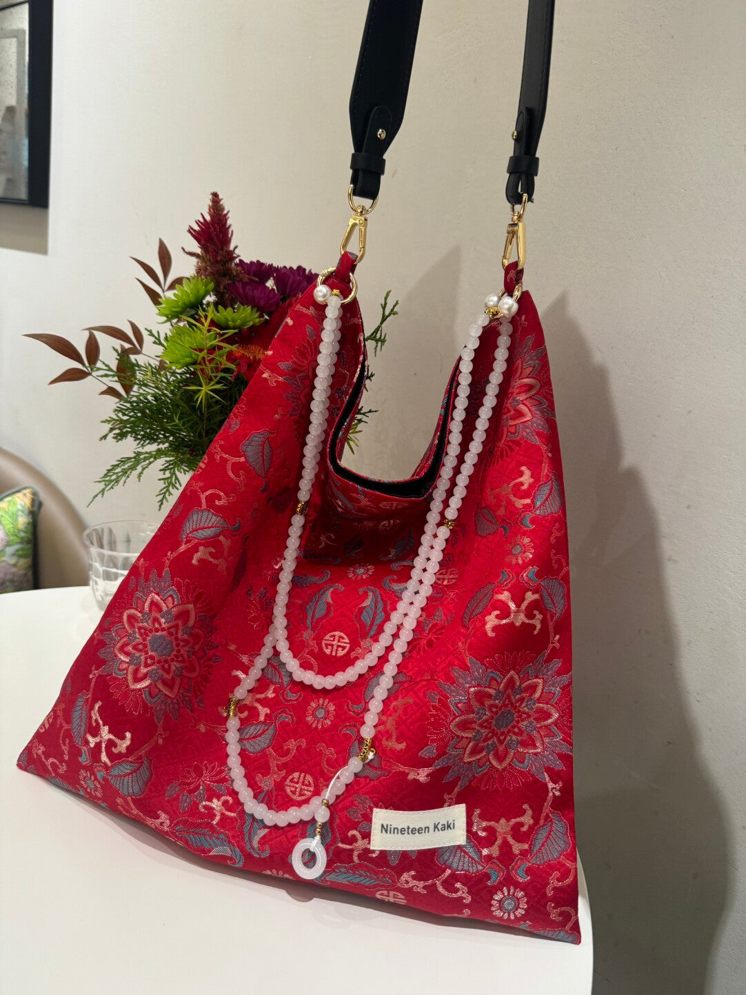 Chinoiserie Traditional Lucky Red Beaded Tassel Silk Bag - Lumivault