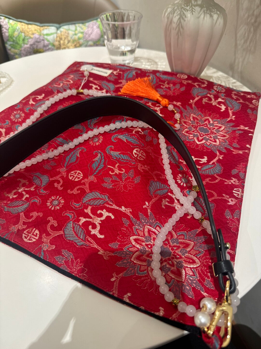 Chinoiserie Traditional Lucky Red Beaded Tassel Silk Bag - Lumivault