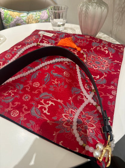 Chinoiserie Traditional Lucky Red Beaded Tassel Silk Bag - Lumivault