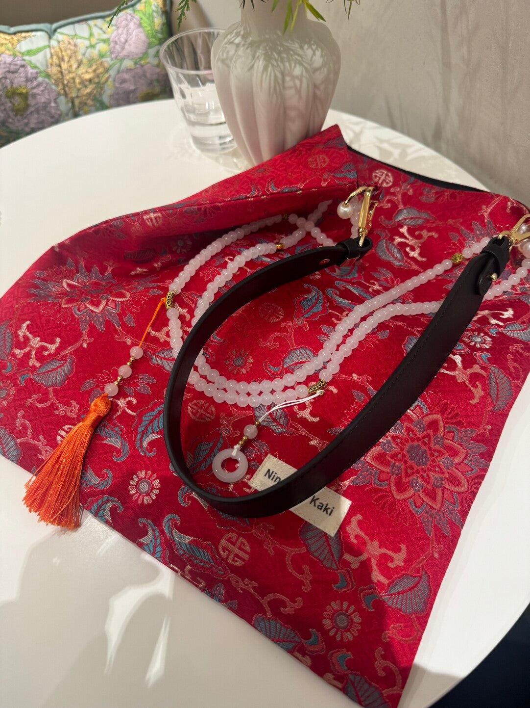 Chinoiserie Traditional Lucky Red Beaded Tassel Silk Bag - Lumivault