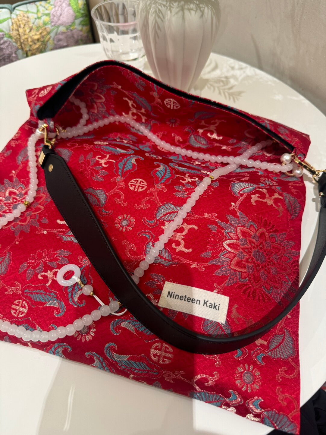 Chinoiserie Traditional Lucky Red Beaded Tassel Silk Bag - Lumivault