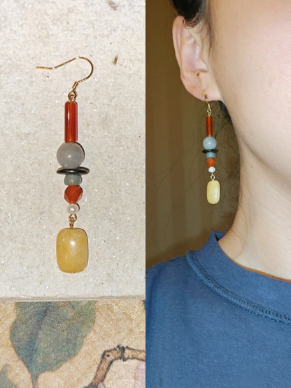 Chinoiserie Yellow Sugar Natural Stones Beaded Drop Earrings