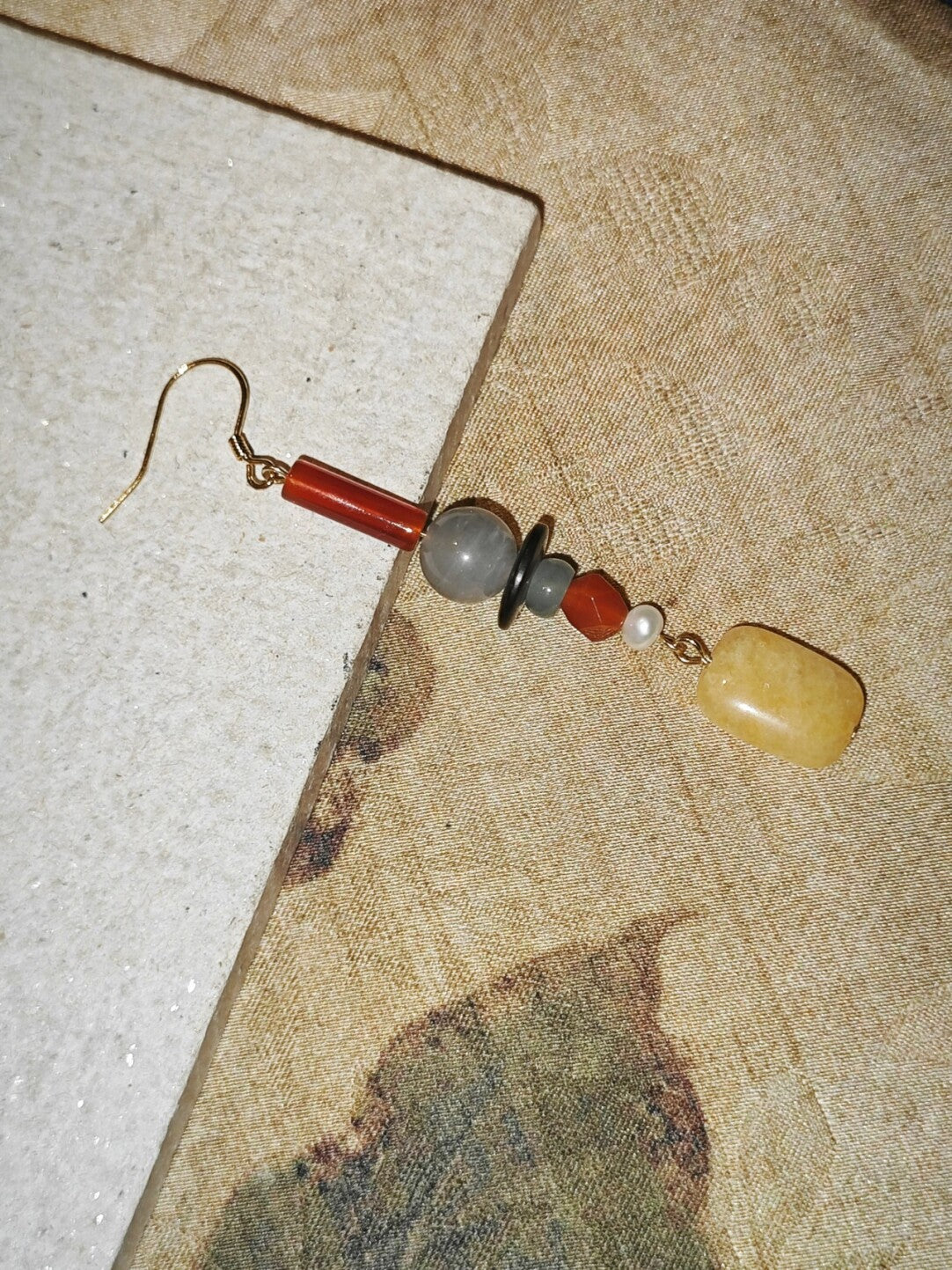 Chinoiserie Yellow Sugar Natural Stones Beaded Drop Earrings,Lumivault.