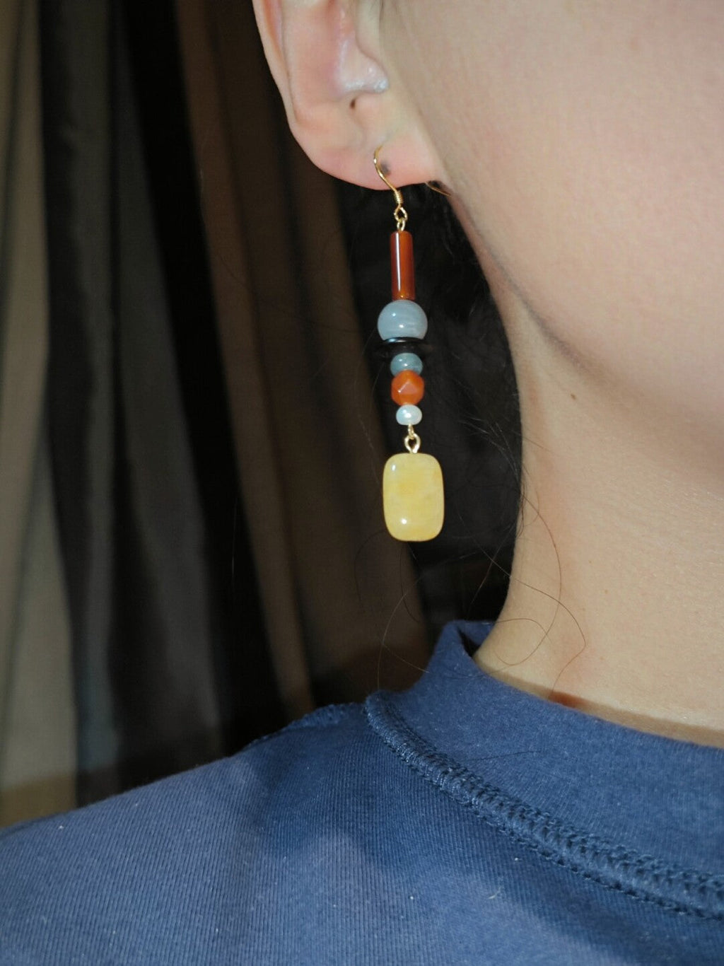 Chinoiserie Yellow Sugar Natural Stones Beaded Drop Earrings,Lumivault.