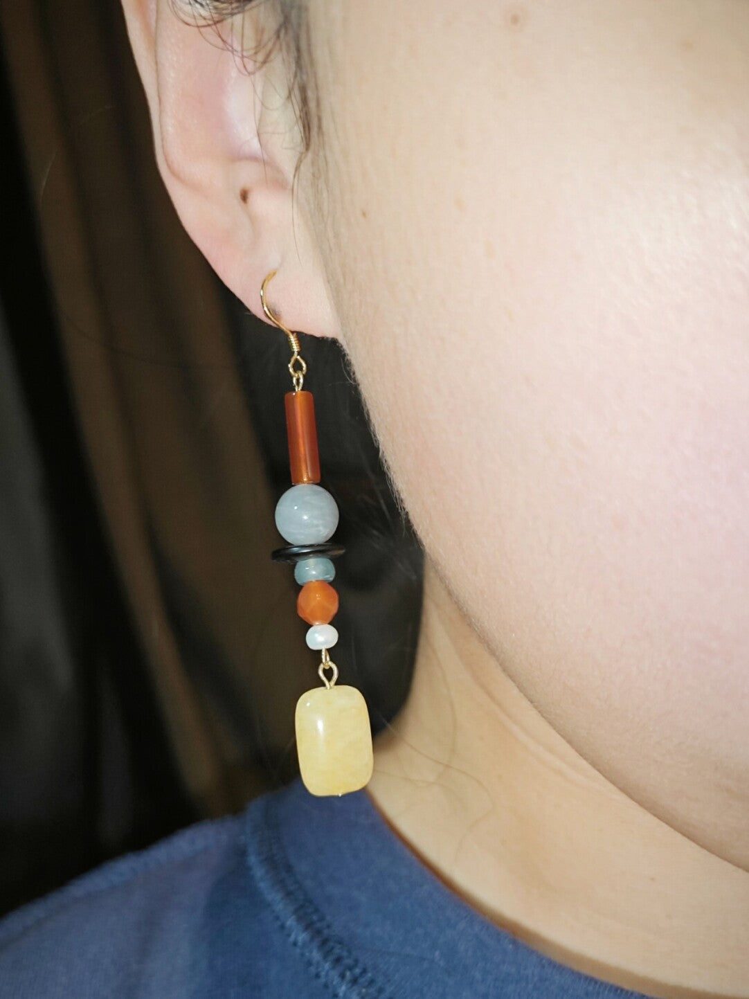 Chinoiserie Yellow Sugar Natural Stones Beaded Drop Earrings,Lumivault.