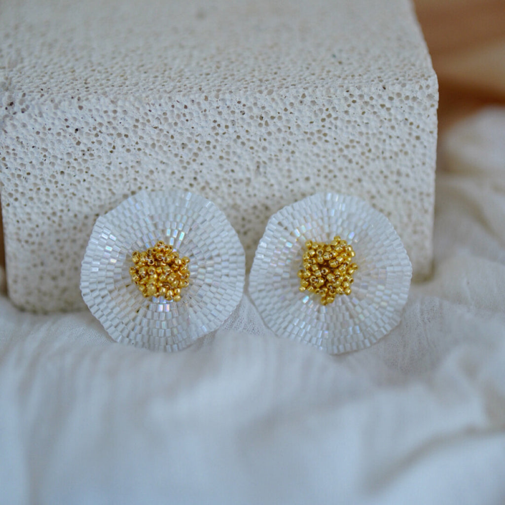 Clean White Flower Beaded Earrings,Large Stud Earrings (about 5cm),Lumivault.